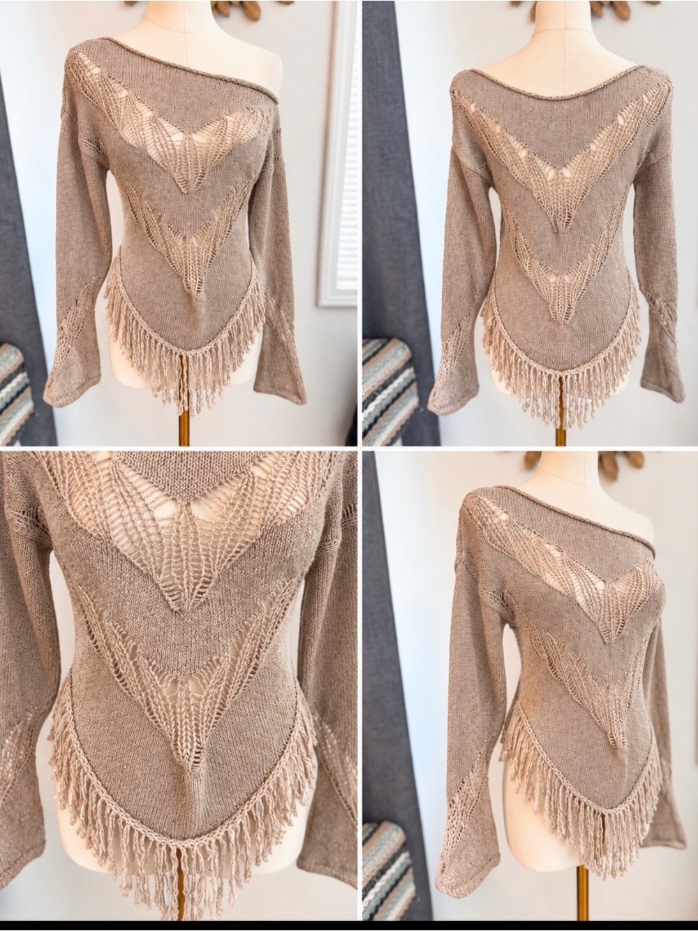 Silence + Noise Boho Open Knit Fringe Sweater small